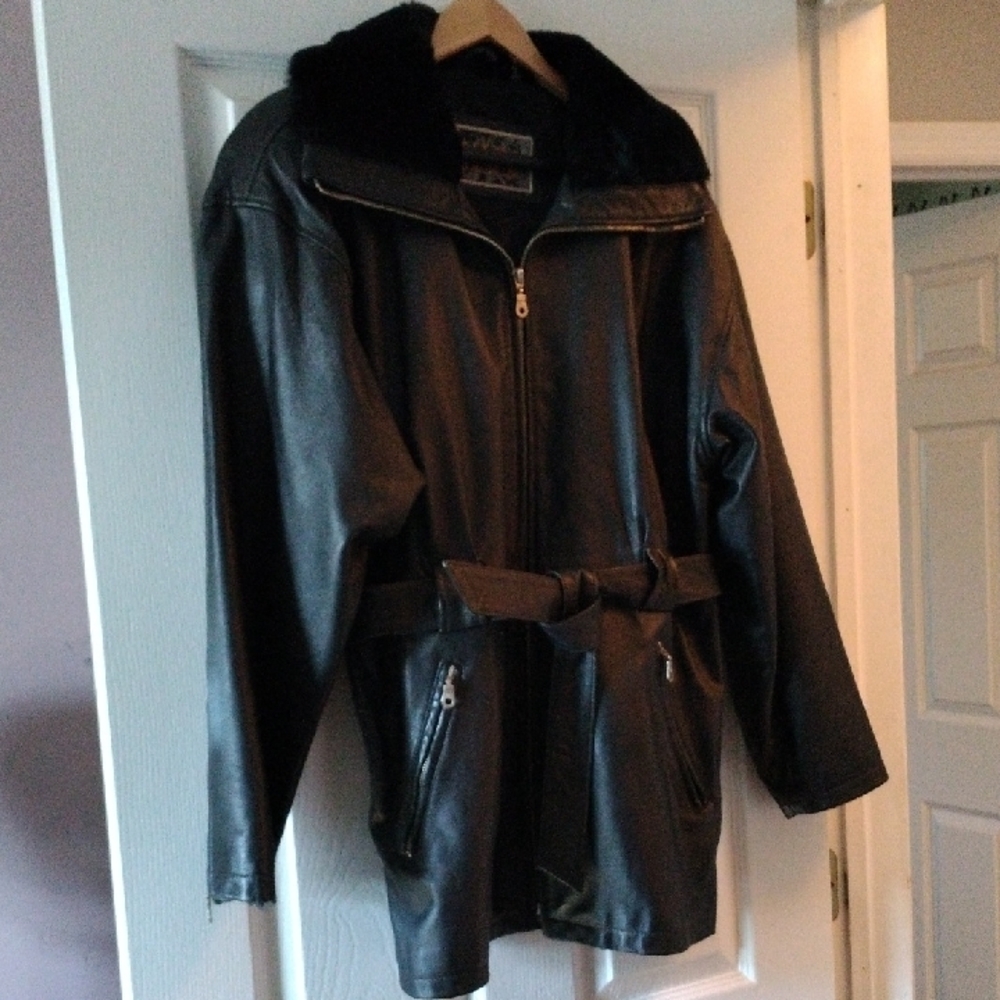 Women's Black Leather Belted Jacket with Fur Collar